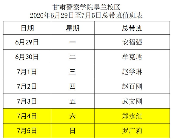 1782696996125489.jpg 甘肃警察学院皋兰校区2026年6月29日至7月5日总带班值班表.jpg